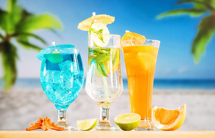 плаж, лято, престой, коктейл, лед, напитки, ваканция, прясно, плодове, напитки, тропически, HD тапет