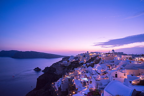 Santorini Yunani, laut, matahari terbenam, lampu, rumah, malam, Santorini, Yunani, pulau Thira, Wallpaper HD HD wallpaper