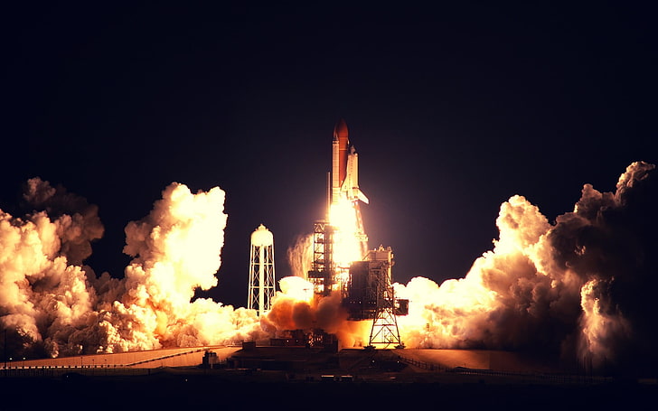 white and red rocket, rocket, Launch, space, spaceship, night, NASA, HD wallpaper