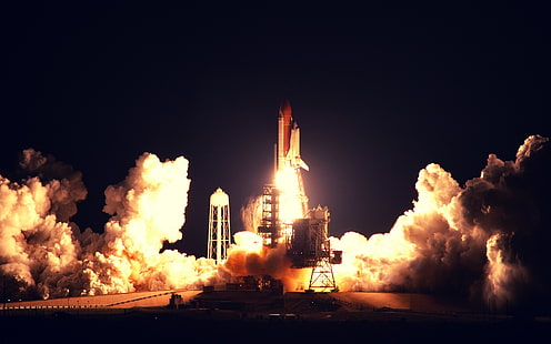 foguete branco e vermelho, foguete, lançamento, espaço, nave espacial, noite, nasa, HD papel de parede HD wallpaper