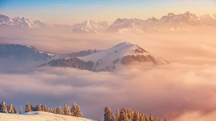 schneebedeckte Berge, Natur, Landschaft, Schnee, Berge, Wald, HD-Hintergrundbild