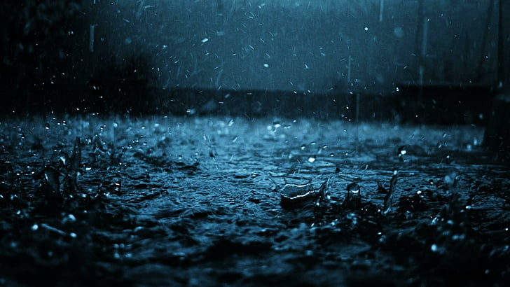 rain, dark, water, drops, black, blue, HD wallpaper