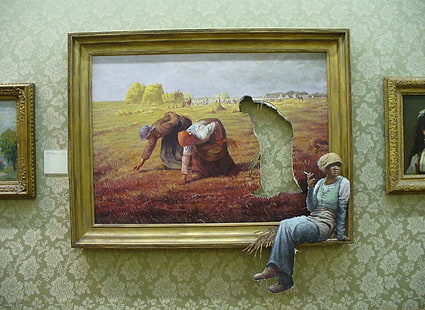 humor, Banksy, painting, picture frames, women, galleries, artwork, wall, HD wallpaper HD wallpaper
