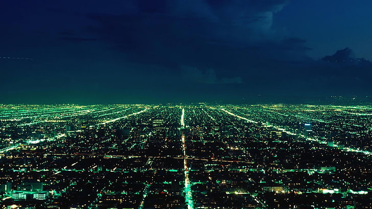 Paisaje urbano iluminado de verde, paisaje urbano, luces, noche, cielo, Fondo de pantalla HD