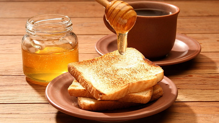 brown honey dipper, toasts, bread, honey, tea, HD wallpaper