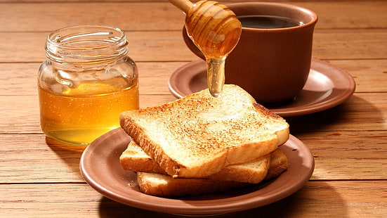 茶色の蜂蜜ディッパー、トースト、パン、蜂蜜、お茶、 HDデスクトップの壁紙 HD wallpaper