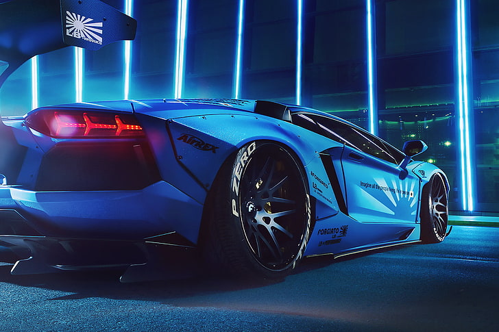 roadster Lamborghini Aventador bleu, lumières, Lamborghini, Bleu, LP700-4, Aventador, Liberty Walk, Fond d'écran HD