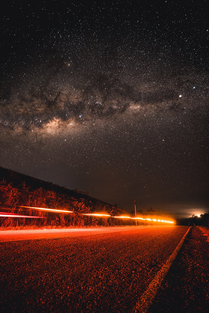 gray asphalt road, road, starry sky, night, direction, HD wallpaper