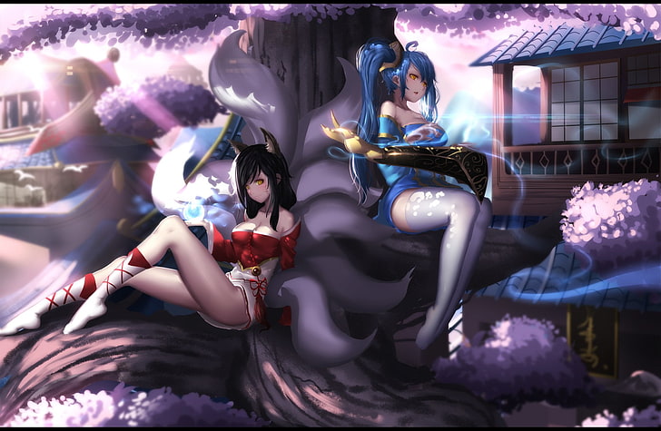 two female game characters digital wallpaper, Video Game, League Of Legends, Ahri (League Of Legends), Animal Ears, Black Hair, Blue Dress, Blue Hair, Blush, Boots, Dress, Girl, Instrument, Long Hair, Magic, Red Dress, Sakura Blossom, Sitting, Smile, Sona (League Of Legends), Tail, Thigh Highs, Tree, Twintails, White Dress, Yellow Eyes, HD wallpaper