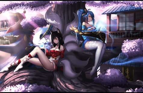 two female game characters digital wallpaper, Video Game, League Of Legends, Ahri (League Of Legends), Animal Ears, Black Hair, Blue Dress, Blue Hair, Blush, Boots, Dress, Girl, Instrument, Long Hair, Magic, Red Dress, Sakura Blossom, Sitting, Smile, Sona (League Of Legends), Tail, Thigh Highs, Tree, Twintails, White Dress, Yellow Eyes, HD wallpaper HD wallpaper