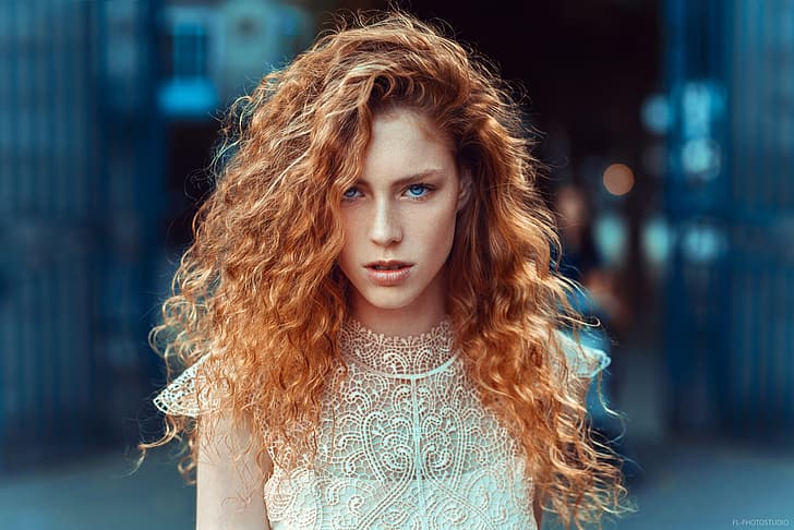 girl, long hair, dress, photo, photographer, blue eyes, model, bokeh, lips, face, redhead, portrait, mouth, freckles, looking at camera, depth of field, curly hair, looking at viewer, Lods Franck, Cloé, HD wallpaper