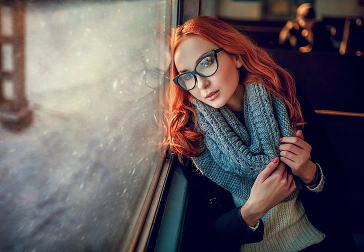 Anna Boevaya, women, window, glass, redhead, scarf, glasses, women with glasses, sitting, portrait, reflection, painted nails, HD wallpaper