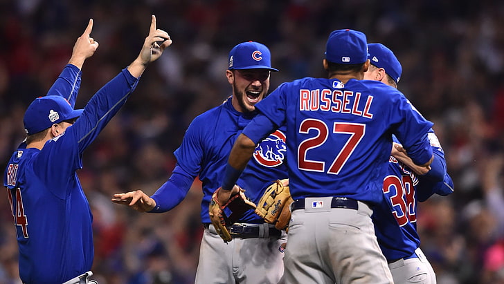 cubs, world series, Anthony Rizzo, Kris Bryant, Addison Russell, Mike Montgomery, sport, arms up, open mouth, numbers, sports, men, HD wallpaper