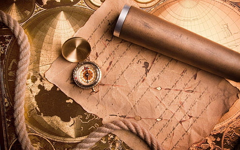  map, rope, journey, spyglass, compass, telescope, maps, old letters, old letter, Kompass, HD wallpaper HD wallpaper