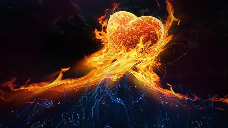 api, api, tangan, jantung, seni digital, efek khusus, panas, kegelapan, efek visual, Wallpaper HD
