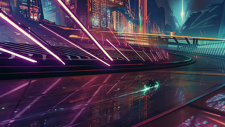 Neon, Cyberpunk, Tron, Stadtbild, futuristische Stadt, Science Fiction, Bastien Grivet, Rennsport, Motorrad, digitale Kunst, HD-Hintergrundbild