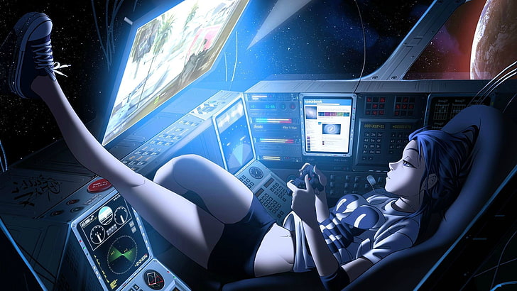 female anime character playing PC game digital wallpaper, artwork, anime, digital art, anime girls, video games, 88 Girl, drawing, futuristic, women, space, space station, vashperado, colorful, PlayStation 3, Space Invaders, spaceship, zero gravity, manga, belly, cockpit, controllers, star trails, gamers, science fiction, Game Babe, panties, cyan, HD wallpaper