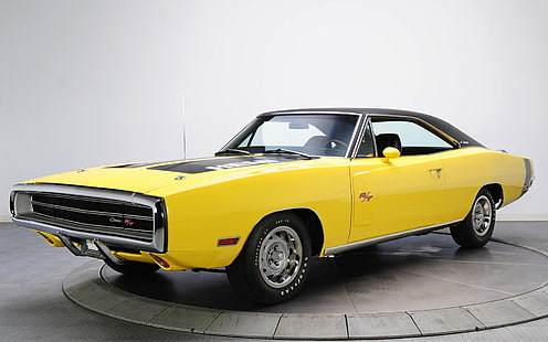 สีเหลืองและสีดำ Dodge Challenger R / T coupe, สีเหลือง, พื้นหลัง, Dodge, Charger, 1970, ด้านหน้า, Muscle car, 426, Hemi, R T, The charger, วอลล์เปเปอร์ HD HD wallpaper