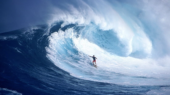 surfer surfing huge ocean waves, waves, sea, surfing, sport, blue, HD wallpaper HD wallpaper