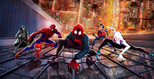 Película, Spider-Man: Into The Spider-Verse, Miles Morales, Peni Parker, Spider-Gwen, Spider-Ham, Spider-Man, Spider-Man Noir, Fondo de pantalla HD HD wallpaper