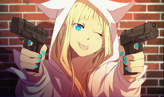 anime, Anime Girls, Blonde, gun, pistol, Tom Skender, weapon, HD wallpaper HD wallpaper