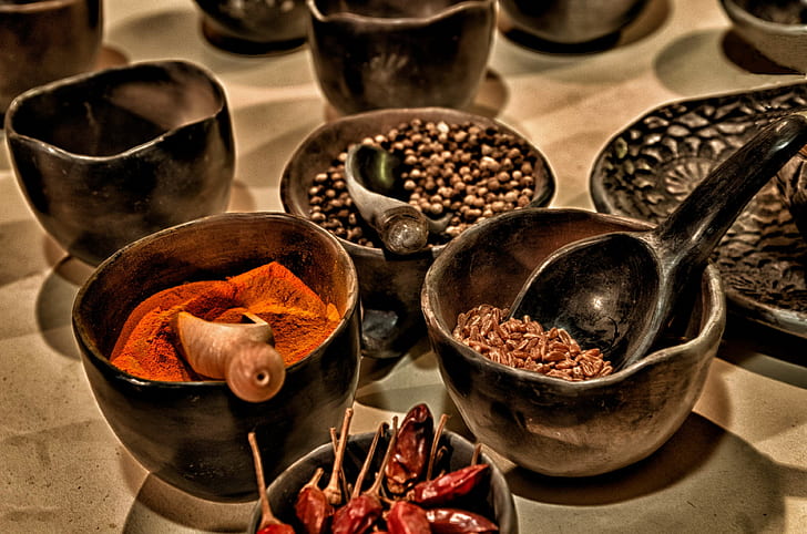 bowls, cayenne, chili, close up, cooking, dried, flavors, flavours, food, hot, ingredients, paprika, pepper, pottery, powder, red, seasoning, spices, spicy, wooden spoon, HD wallpaper