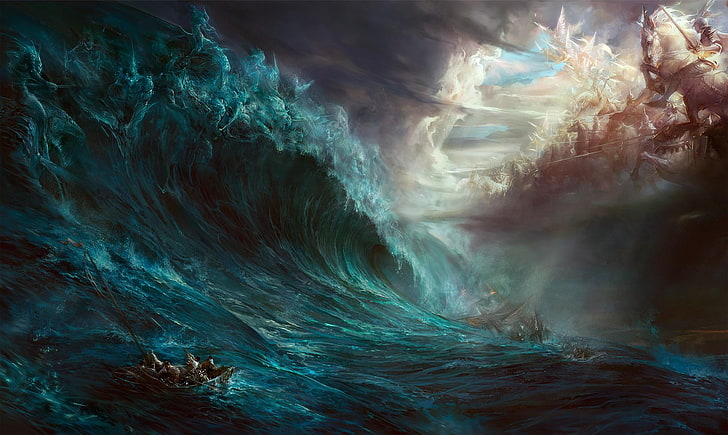 corpo di acqua e nuvola sfondo, mitologia, acqua, magia, onde, nuvole, barca, fantasy art, Paradiso e inferno, mare, tempesta, opera d'arte, Sfondo HD
