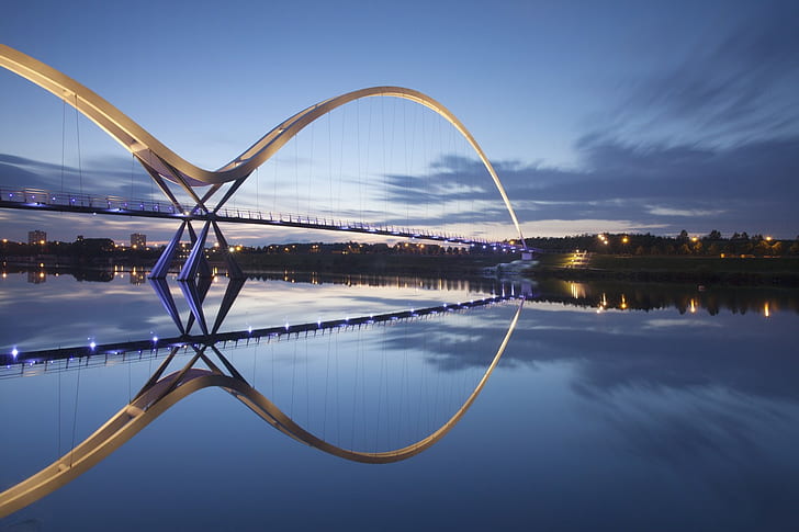 jembatan, lanskap, refleksi, modern, perkotaan, sungai, lampu kota, Wallpaper HD