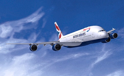 طائرة ركاب بيضاء للخطوط الجوية البريطانية ، بيضاء ، الطائرة ، أجنحة ، طيران ، A380 ، إيرباص ، إن ذا إير ، فلايز ، طائرة ، الخطوط الجوية البريطانية، خلفية HD HD wallpaper