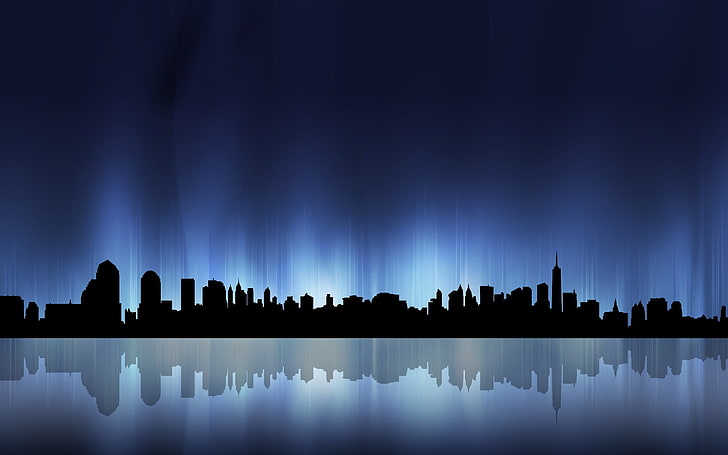 Silhouette von Gebäuden digitale Tapete, Stadtbild, Gebäude, Minimalismus, digitale Kunst, Wolkenkratzer, Reflexion, Silhouette, Lichter, blau, HD-Hintergrundbild
