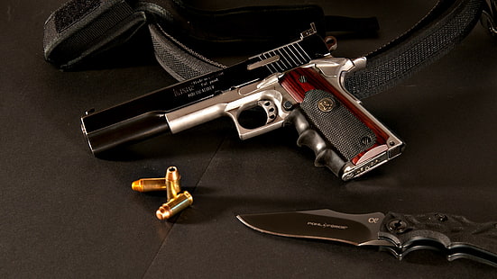 gray and black semi-automatic pistol near gray pocket knife, Peters Stahl, pistol, custom, .45, ACP, Colt M1911, Pohl Force, Alpha 2, knife, HD wallpaper HD wallpaper
