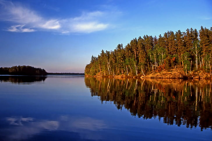 body of water surrounded with trees, last light, light  body, body of water, trees, sunset  lake, reflection, BWCA, wilderness, canoe, dangerous, photo, wicked, thoughts, double entendres, BRAVO, SOE, nature, lake, forest, tree, landscape, water, scenics, outdoors, sky, blue, beauty In Nature, tranquil Scene, summer, HD wallpaper