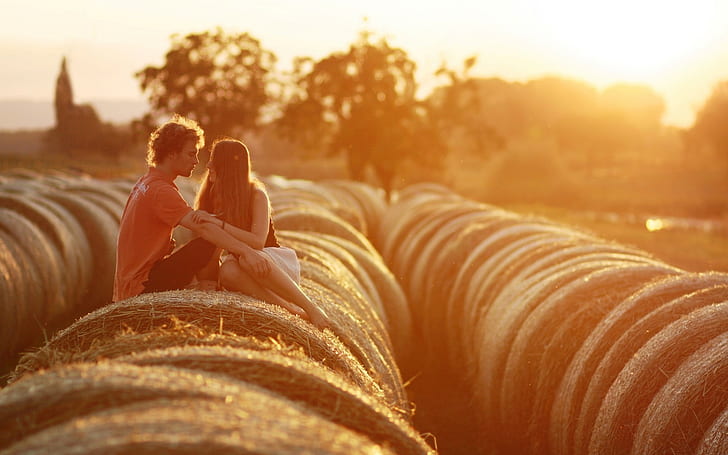 couple, love, kissing, sunset, HD wallpaper