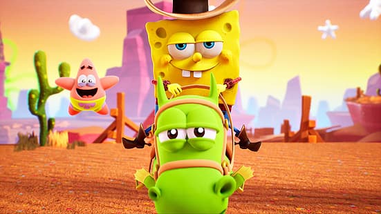  SpongeBob SquarePants: The Cosmic Shake, SpongeBob SquarePants, 4K, THQ Nordic, Purple Lamp Studios, spongebob, video game art, Patrick Star, Patrick (Spongebob Squarepants), seahorses, HD wallpaper HD wallpaper