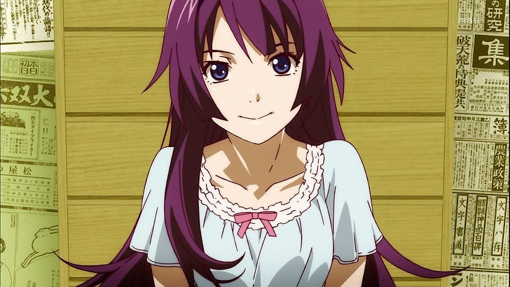 Anime, Anime Girls, Monogatari-Serie, Senjougahara Hitagi, lila, blaue Augen, weiße Haut, lila Haare, HD-Hintergrundbild
