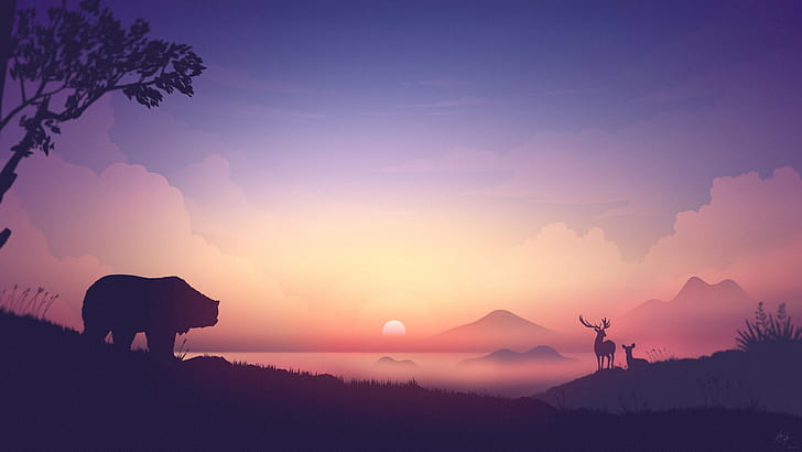 deer, elk, bears, artwork, silhouette, nature, sunrise, mountains, HD wallpaper