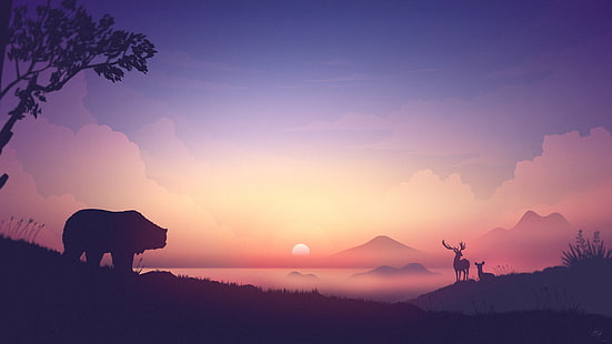 Mountains, Sunrise, 4K, 8K, Bear, Silhouette, Foggy, Morning, HD wallpaper HD wallpaper