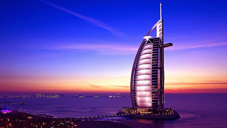 sea, evening, jumeirah beach, sunset, horizon, dusk, artificial island, calm, tower, united arab emirates, sky, landmark, skyscraper, skyline, asia, dubai, burj al arab, uae, HD wallpaper