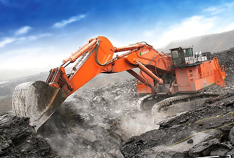 orange excavator, construction vehicles, rock, excavator, HD wallpaper HD wallpaper