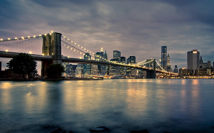 Brooklyn köprüsü, brooklyn köprüsü, manhattan, şehir, new york, ışıklar, şehir ışıkları, binalar, HD masaüstü duvar kağıdı