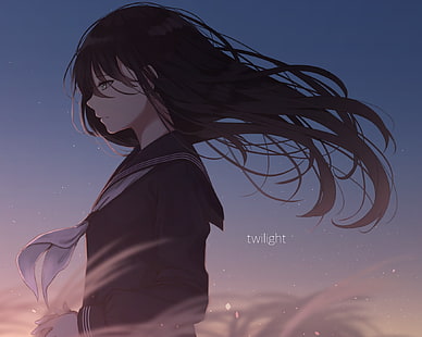 Anime Mädchen, traurig, Schuluniform, windig, schwarze Haare, Profilansicht, Anime, HD-Hintergrundbild HD wallpaper