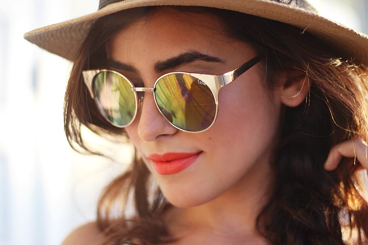 women, model, sunglasses, brunette, red lipstick, hat, face, HD wallpaper