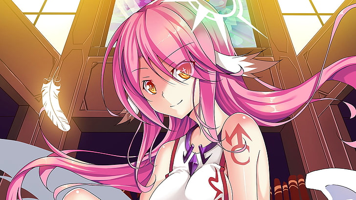 pink haired anime girl illustration, Jibril, No Game No Life, anime girls, anime, pink hair, looking at viewer, HD wallpaper