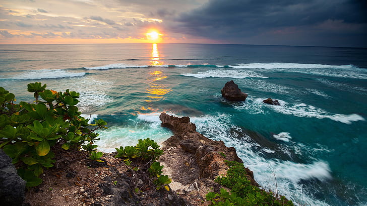Indonésie, île de Bali, paysage de nature tropicale, mer, vagues, coucher de soleil, Indonésie, Bali, île, tropical, nature, paysage, mer, vagues, coucher de soleil, Fond d'écran HD