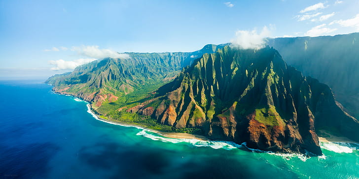 wyspa z trawiastym polem w pobliżu akwenu, kauai, hawaje, kauai, hawaje, Na Pali Coast, Kauai, Hawaje, wyspa Hawaje, trawa, zbiornik wodny, Kauai, Antena, panorama, Kauaʻi, Garden Isle, Jurassic Park, Jurassic Park Wybrzeże Nā Pali, wyspa, morze, lawa, góry, plaża, natura, morze, scenics, klif, krajobraz, linia brzegowa, na zewnątrz, podróż, lato, Tapety HD