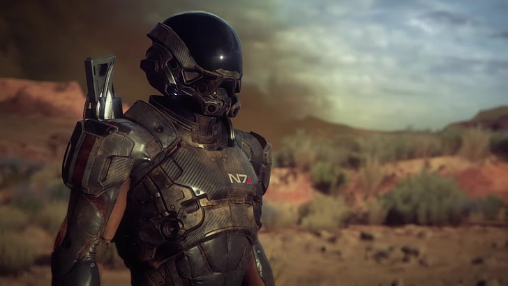 figura preta do robô N7, Mass Effect: Andromeda, renderização, Mass Effect, arte digital, ficção científica, videogame, HD papel de parede