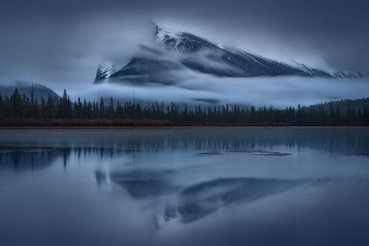 glassy water and pine trees, nature, landscape, mountains, clouds, Alberta National Park, Alberta, Canada, lake, trees, forest, water, mist, reflection, long exposure, snowy peak, Mount Rundle, morning, HD wallpaper