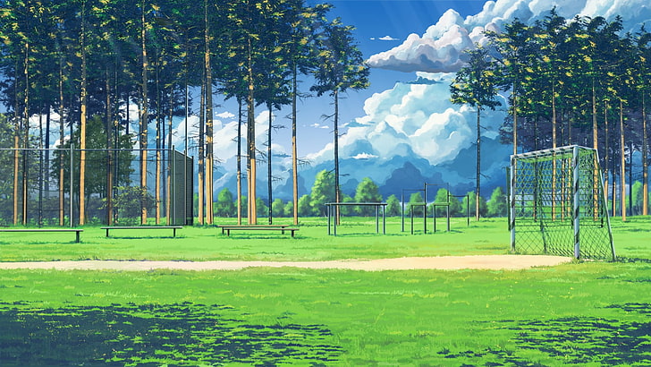 зеленое поле, облака, футбольное поле, скамейка, зеленый, вечное лето, произведение искусства, ArseniXC, HD обои