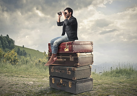 men's black jacket, binoculars, male, suitcases, HD wallpaper HD wallpaper