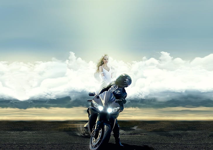 Motocycliste, ange gardien, nuages, Fond d'écran HD